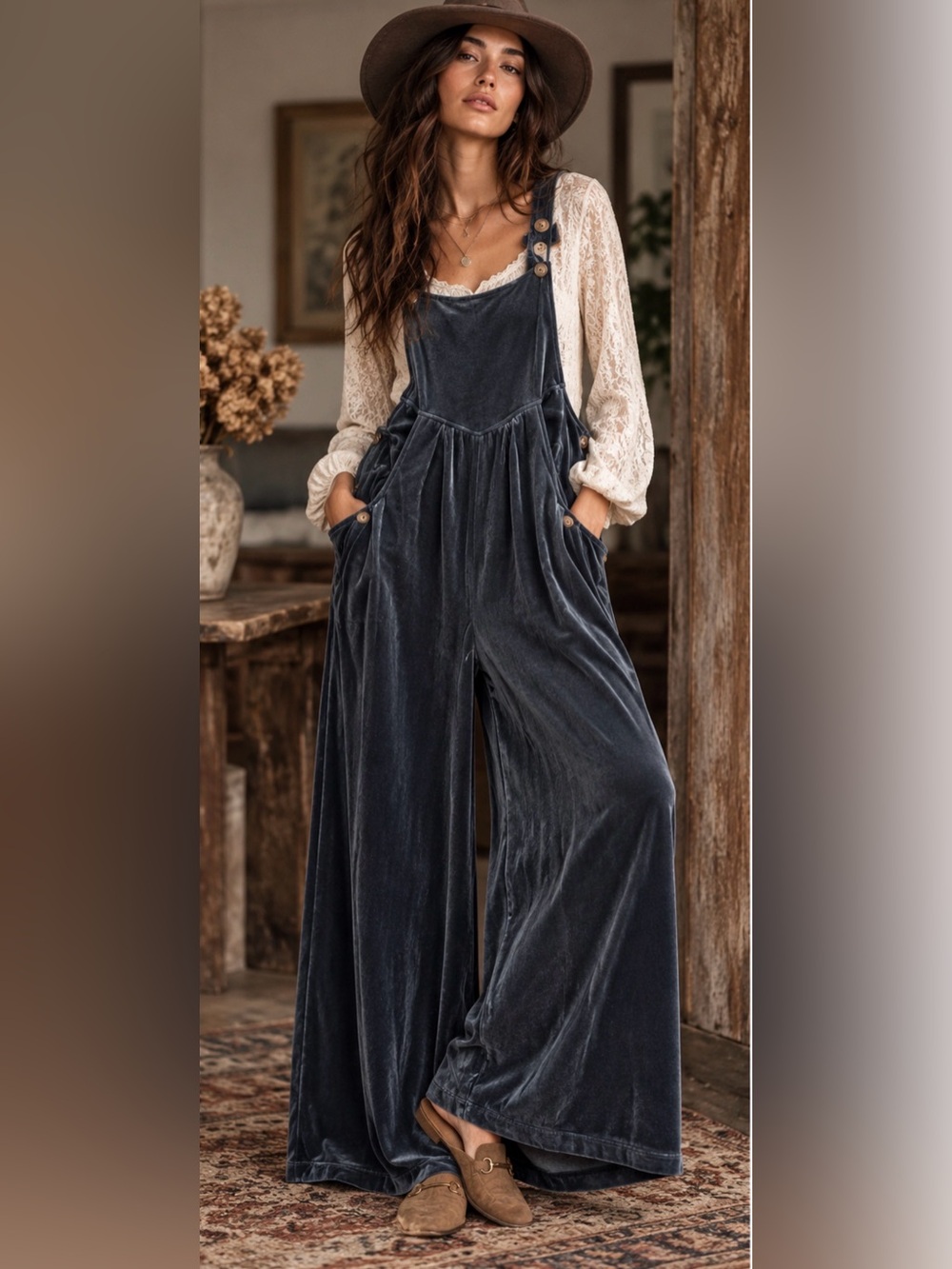 Velvet Wide-Leg Button-Strap Jumpsuit in Charcoal